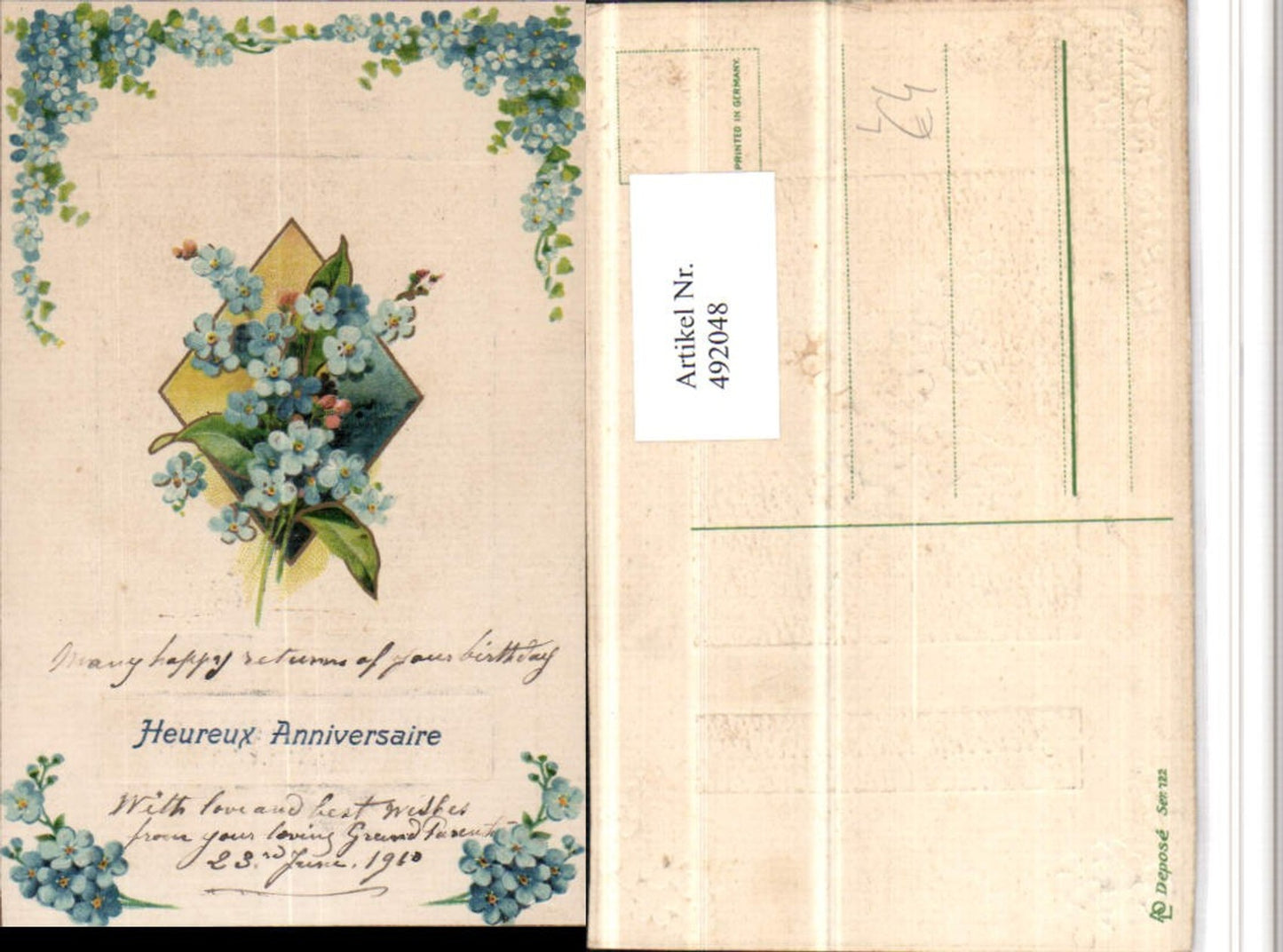 492048,Embossed Artist Lithograph Happy Anniversary Forget-me-not Flowers