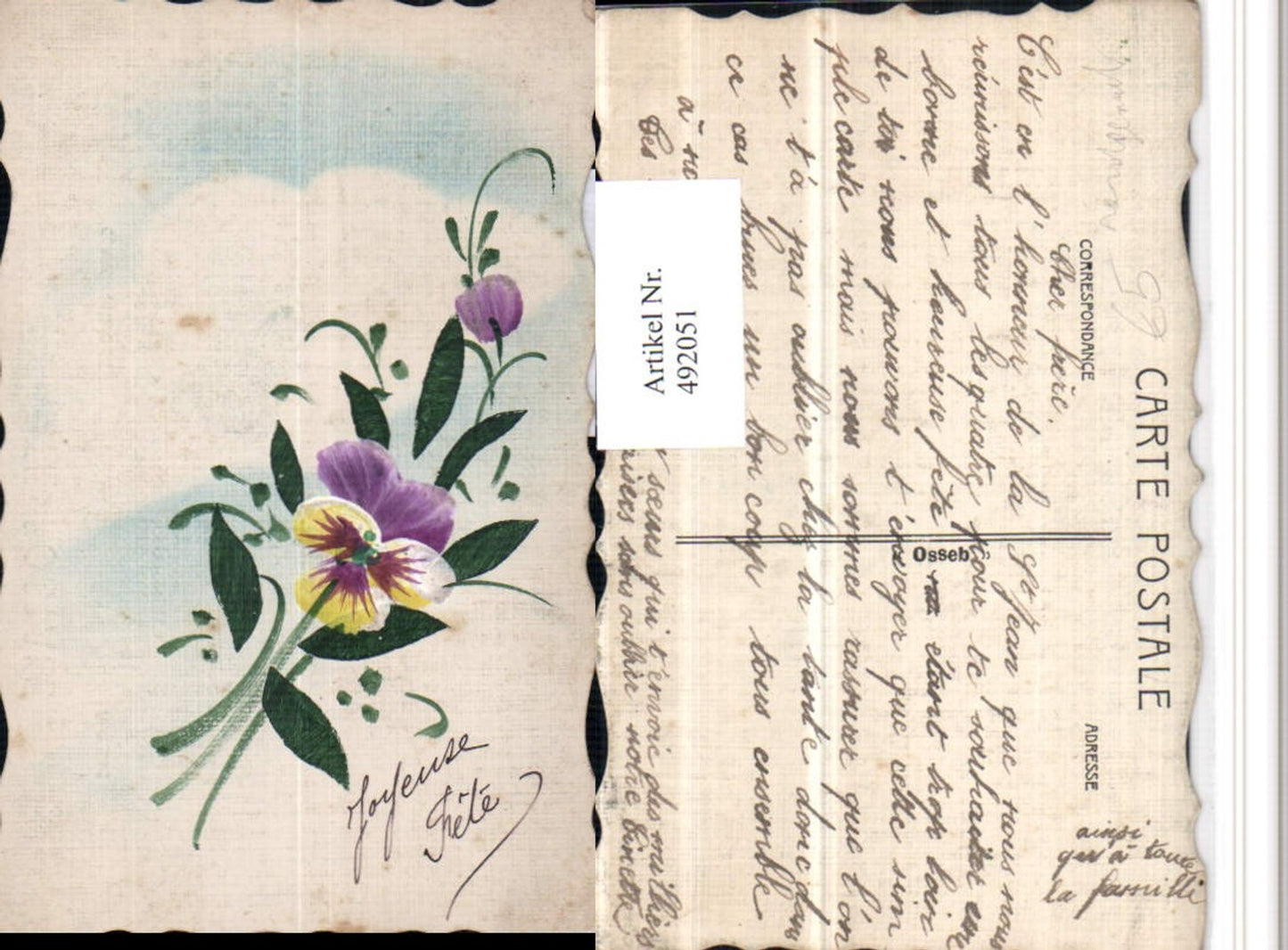 492051,Künstler AK Handgemalt Joyeuse Fete Stiefmütterchen Blume