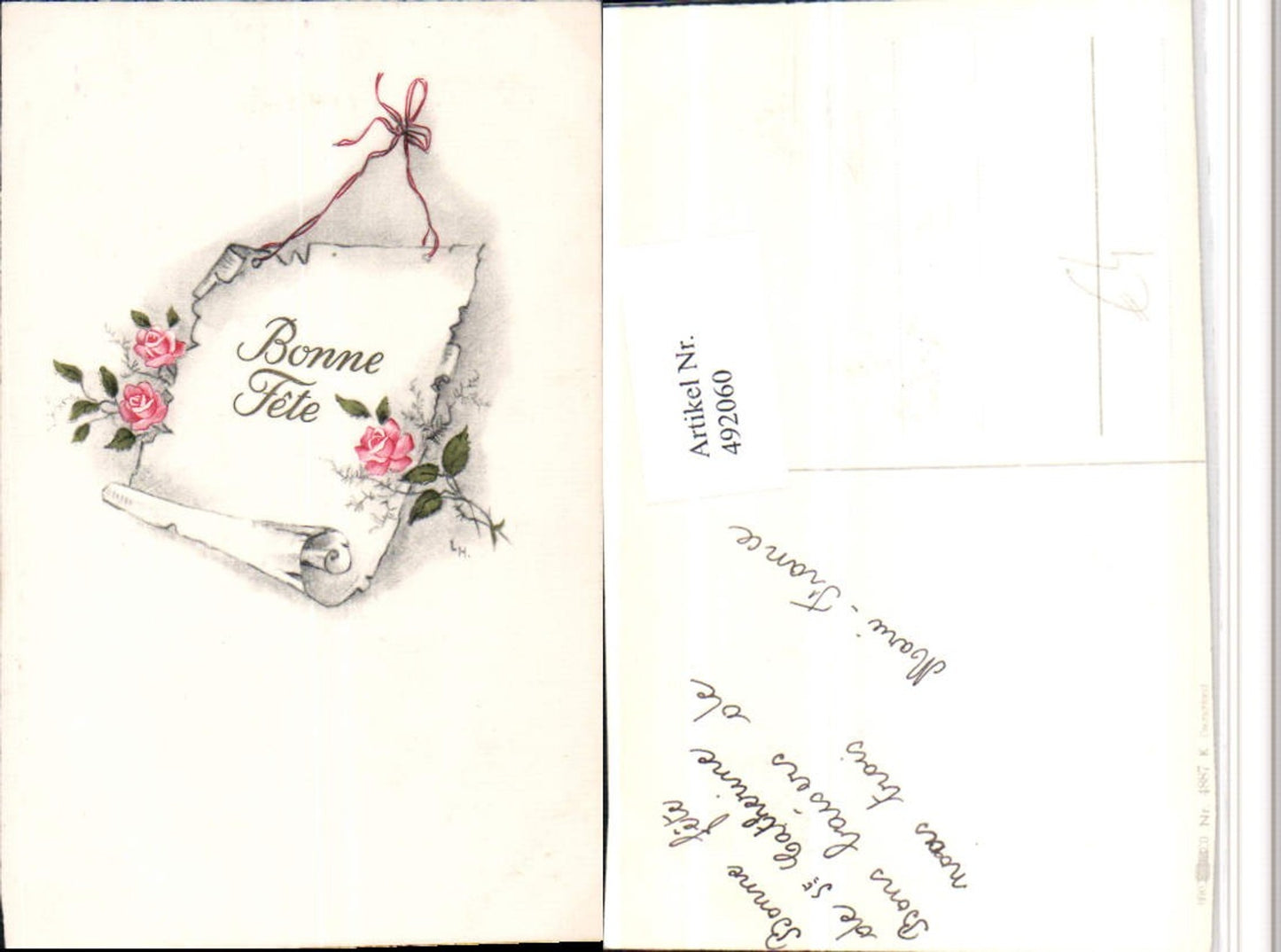 492060,Künstler AK Bonne Fete Schriftrolle Rosen