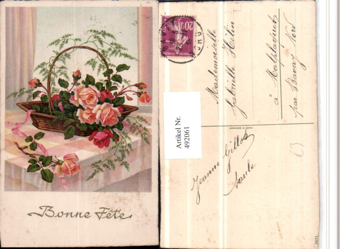 492061,Künstler AK Bonne Fete Korb Rosen Blumen