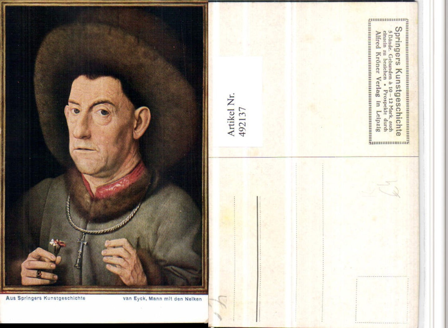 492137,Künstler AK Van Eyck Mann m. Nelken Hut Portrait
