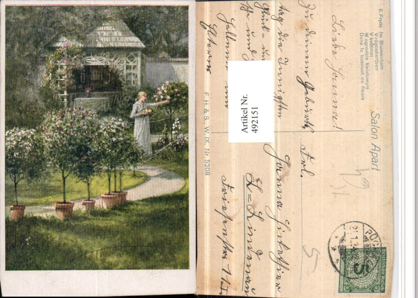 492151,Künstler AK E. Fryda Im Blumenhain Garten Pavillon