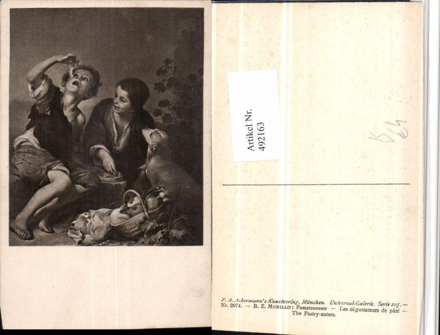492163,Künstler AK B.E. Murillo Pastetenesser Buben Hund pub Ackermann 2074