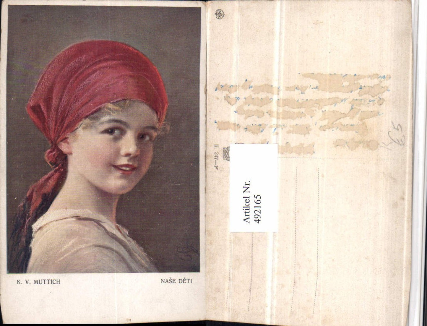 492165,Künstler AK K. v. Muttich Nase Deti Mädchen Kopftuch Portrait
