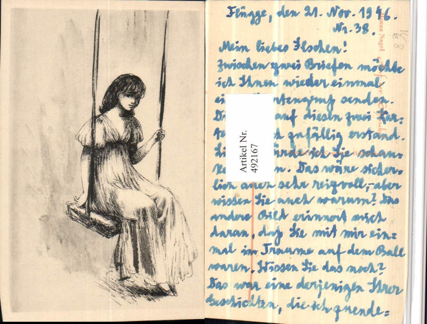 492167,Künstler AK Hanna Nagel Auf der Schaukel Mädchen Kleid