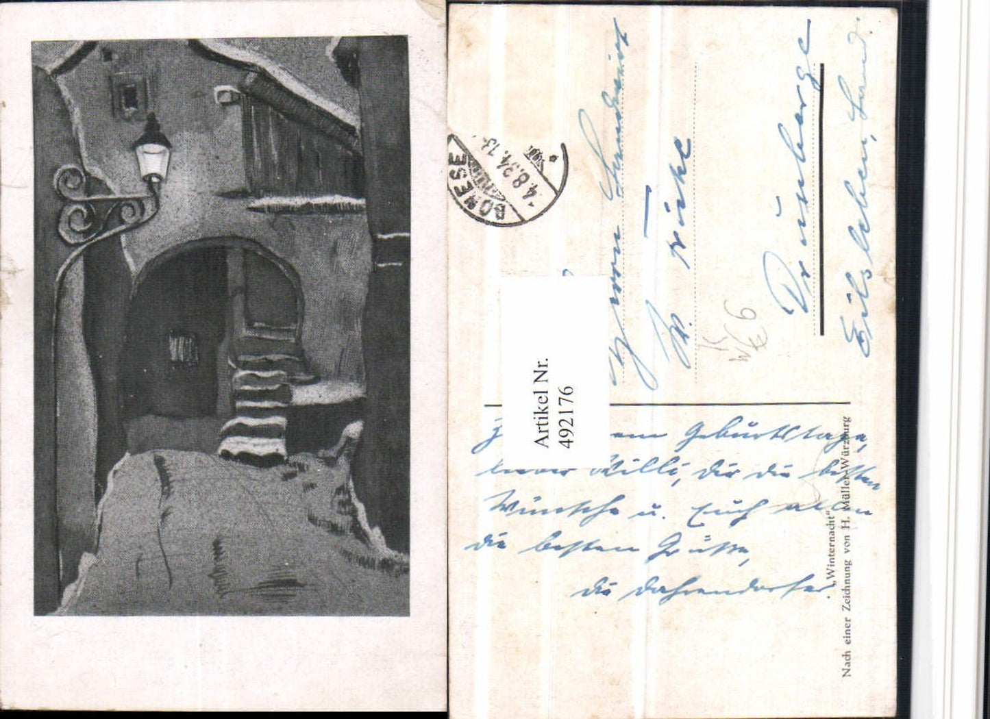 492176,Künstler AK H. Müller Würzburg Winternacht Haus Motiv Laterne