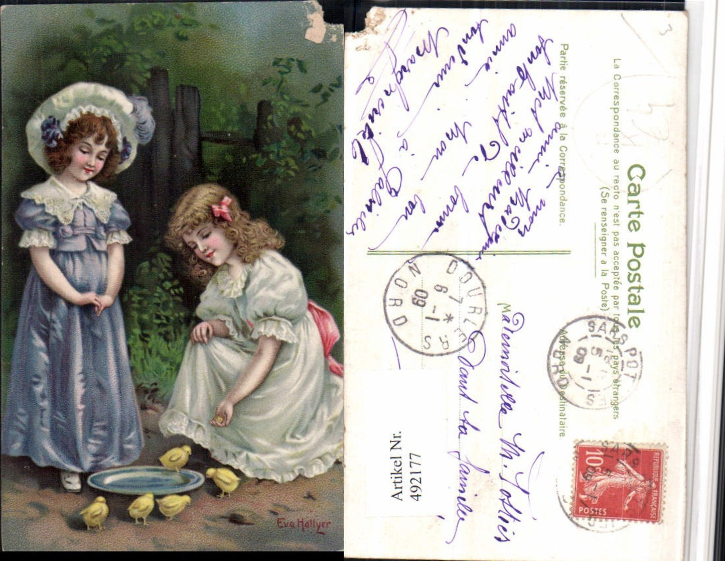492177,Künstler AK Eva Hollyer Kinder Mädchen Küken Teller