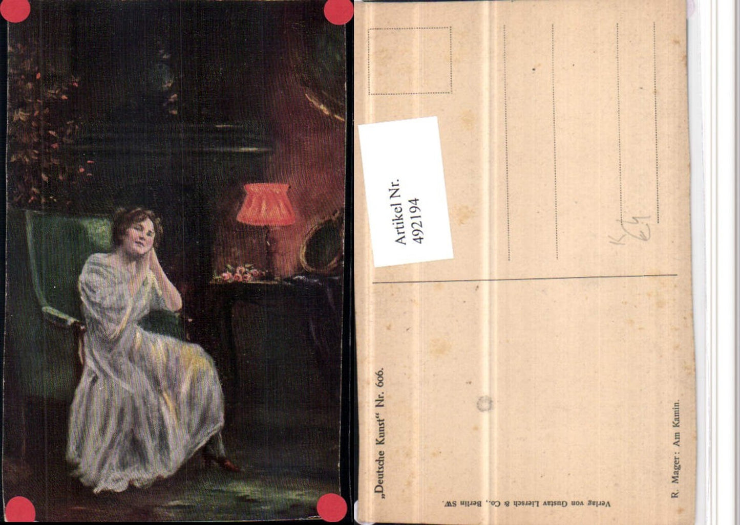 492194,Künstler AK R. Mager Am Kamin Frau Kleid Lampe Stuhl Sessel