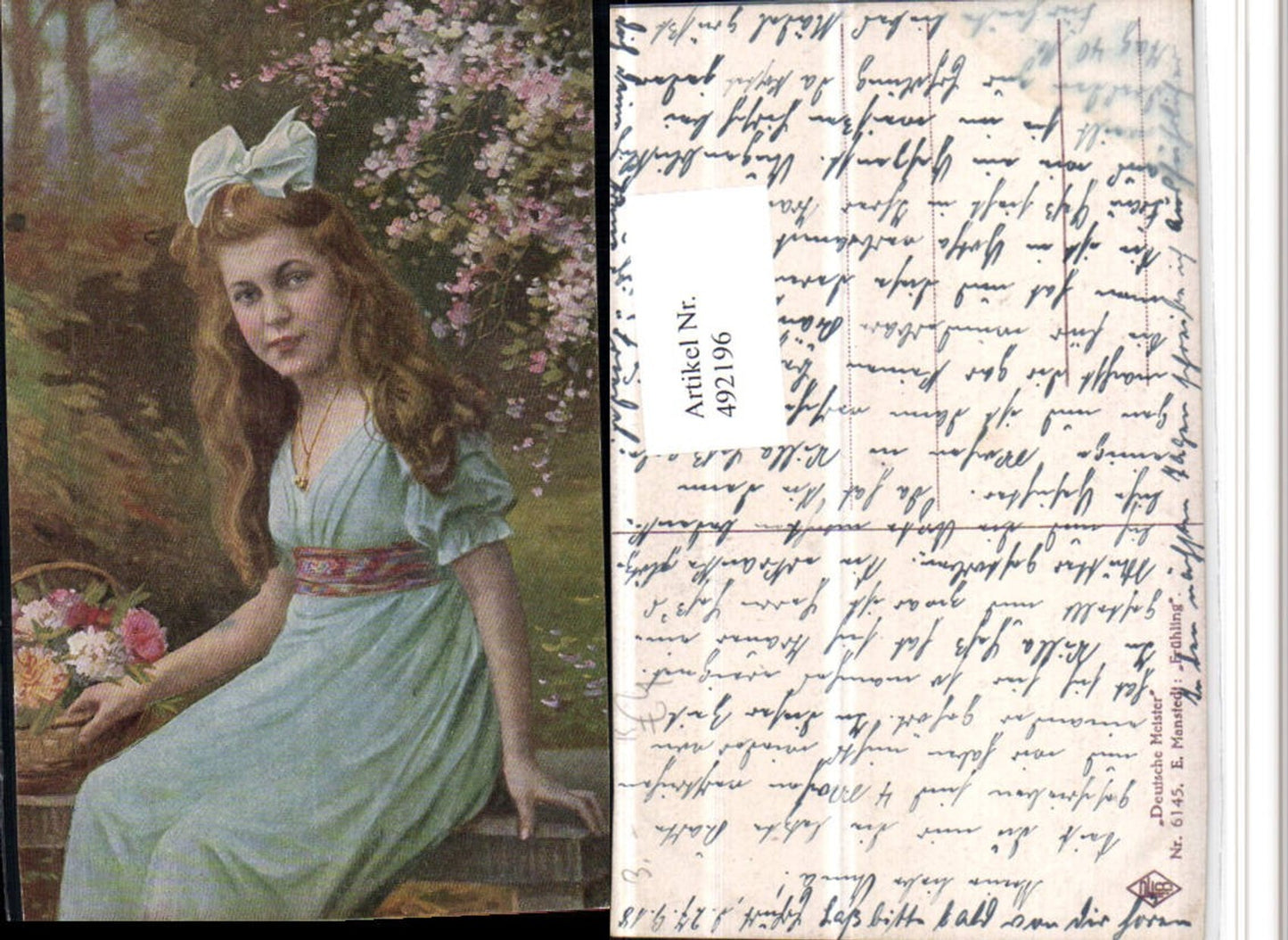 492196,Künstler AK E. Manstedt Frühling Mädchen Kleid Korb Blumen