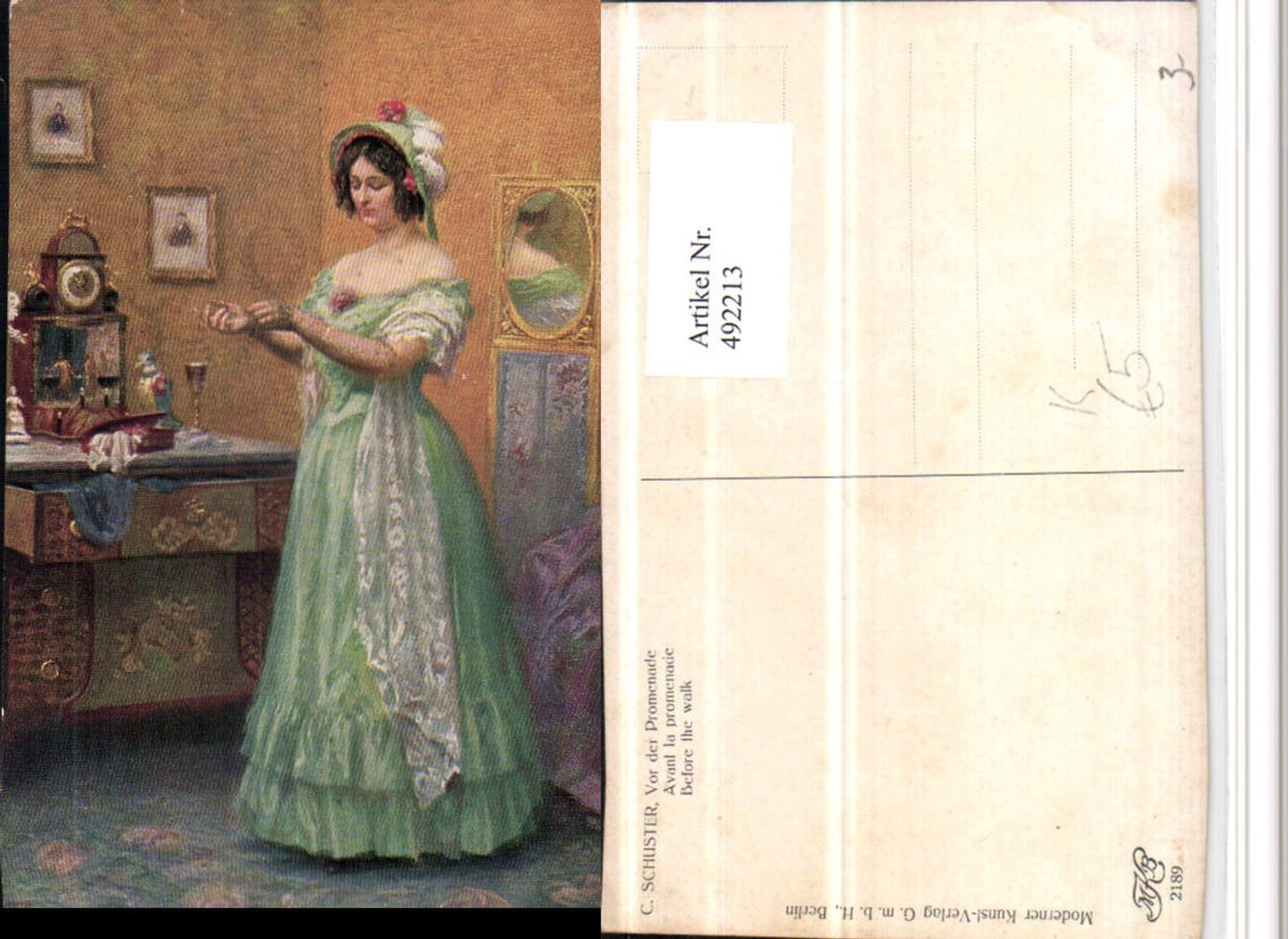 492213,Künstler AK C. Schuster Vor der Promenade Frau Kleid
