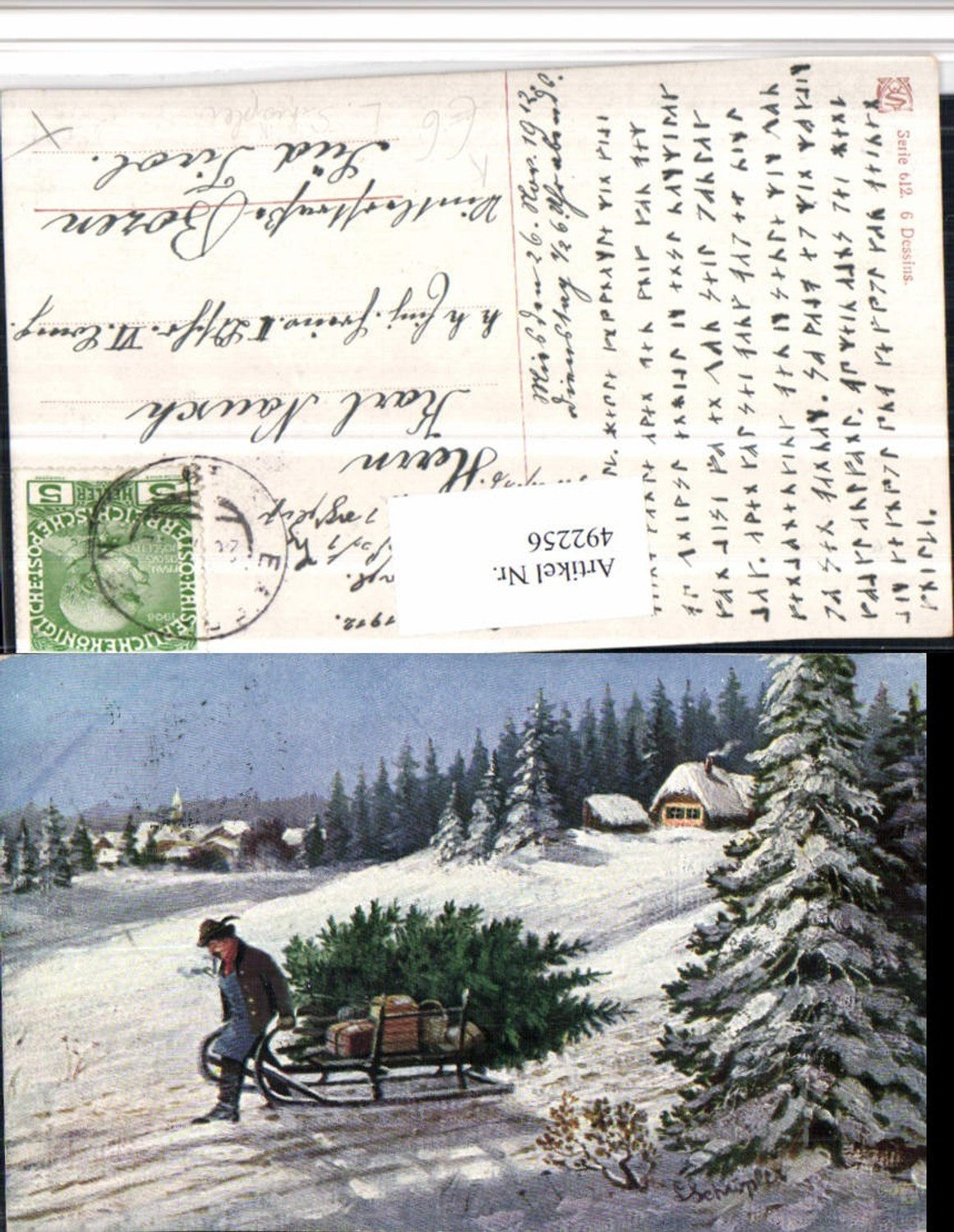 492256,Künstler AK L. Schröpler Winterlandschaft Mann Pfeife Schlitten Baum