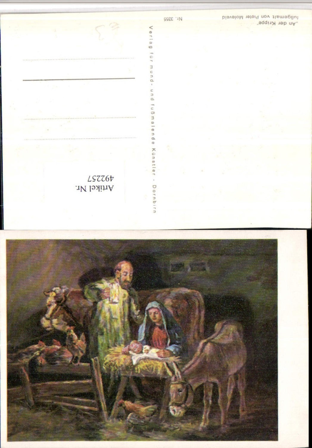 492257,Künstler AK Pieter Moleveld An der Krippe Hl. Familie Esel Rind