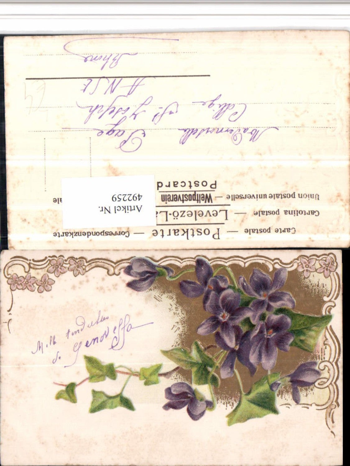 492259,Embossed Artist Lithograph Flowers Violets