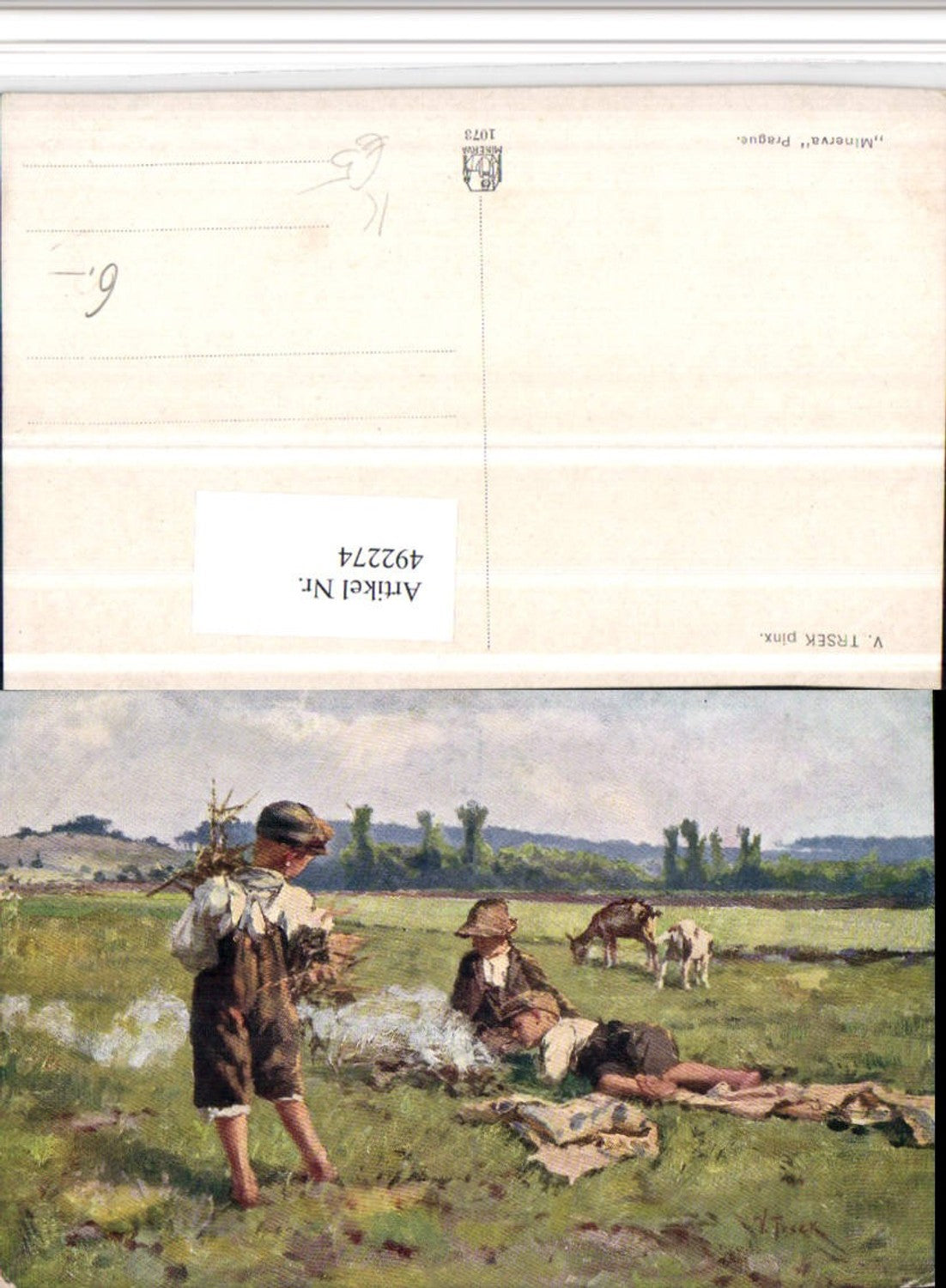 492274,Künstler AK V. Trsek Landschaft Kinder Buben Lagerfeuer