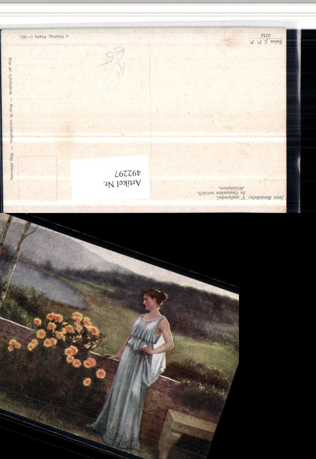 492297,Künstler AK Jean Beauduin In Gedanken vertieft Frau Kleid Blumen