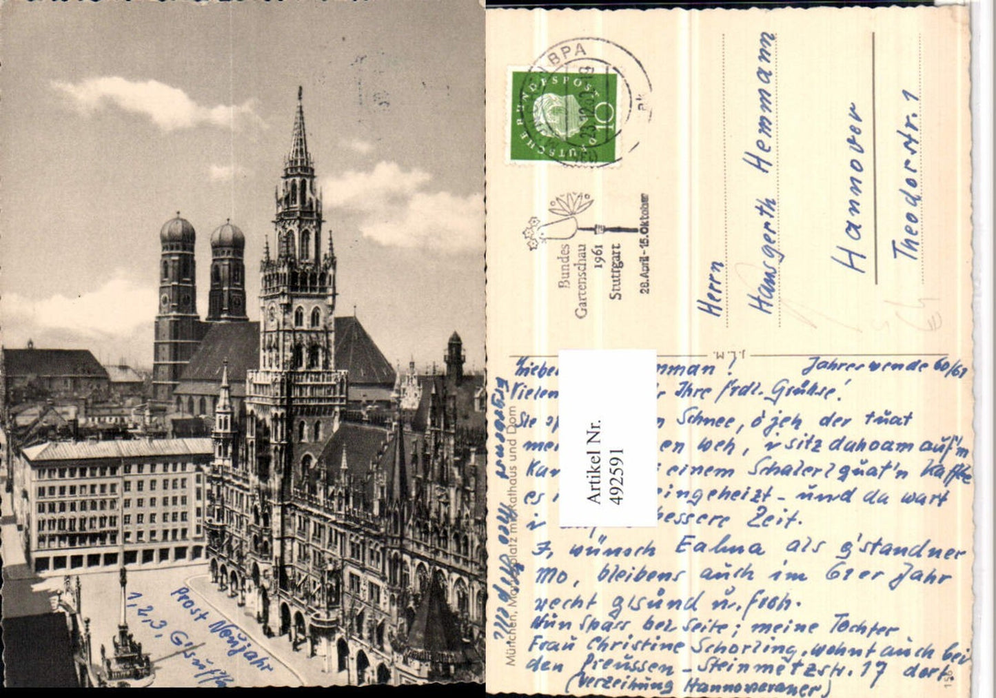 492591,München Marienplatz m. Rathaus u. Dom Gartenschau Stuttgart 1961