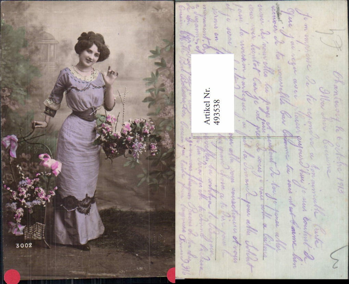493538,Frau Kleid Lockenkopf Korb m. Blumen