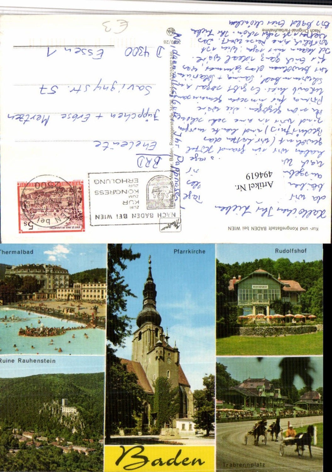 494619,Baden b. Wien Kirche Trabrennplatz Bad Ruine Mehrbildkarte