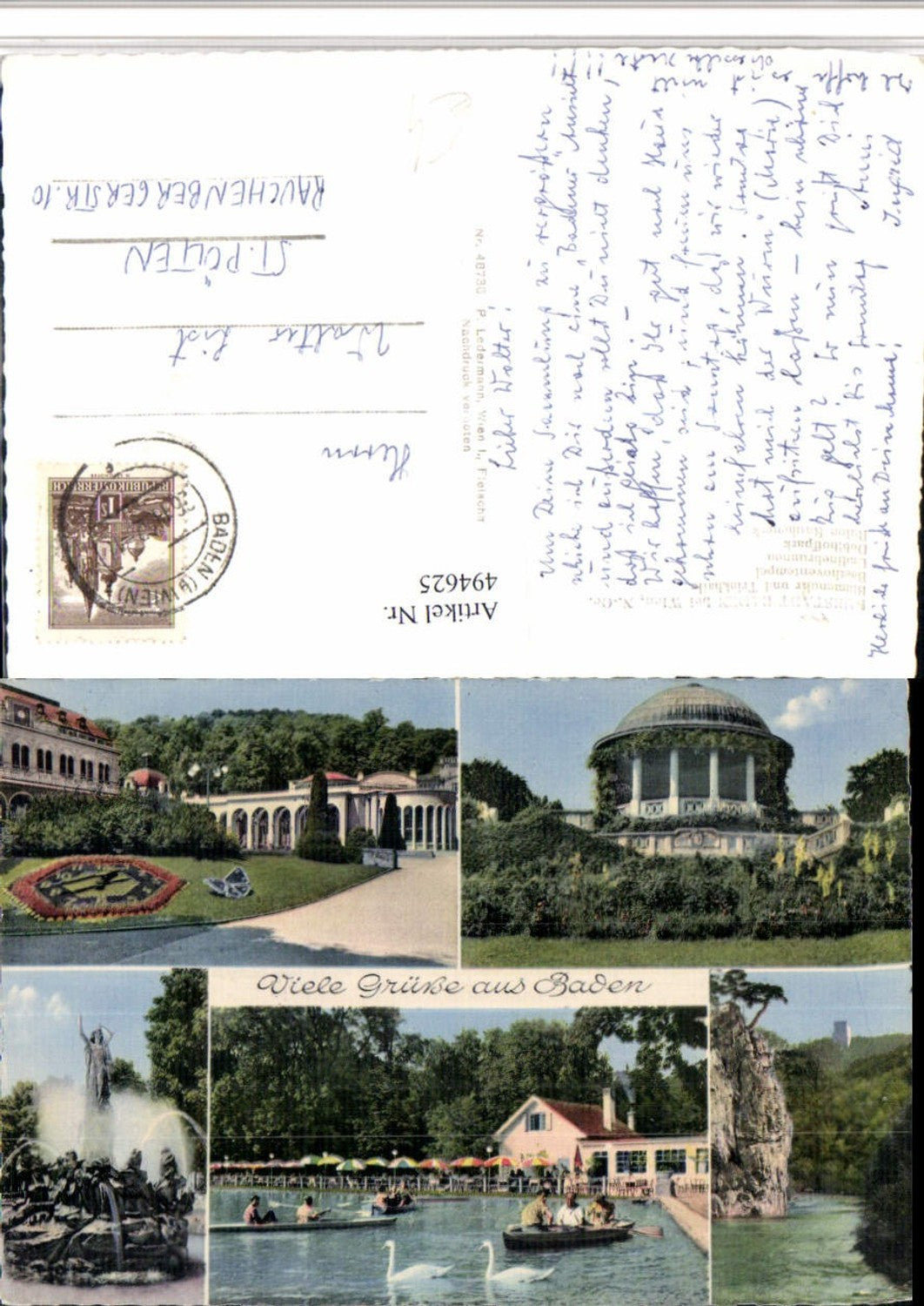 494625,Baden b. Wien Blumenuhr Tempel Brunnen Mehrbildkarte