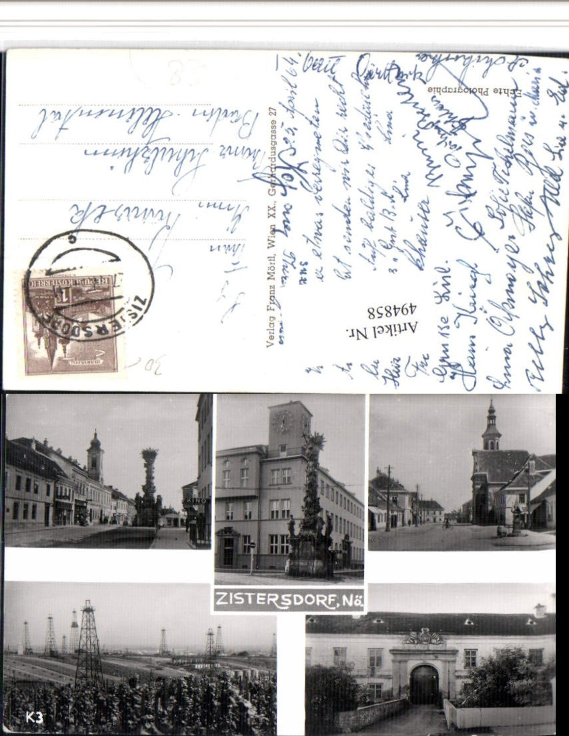 4947858,Zistersdorf Pestsäule Kirche Strommast Mehrbildkarte
