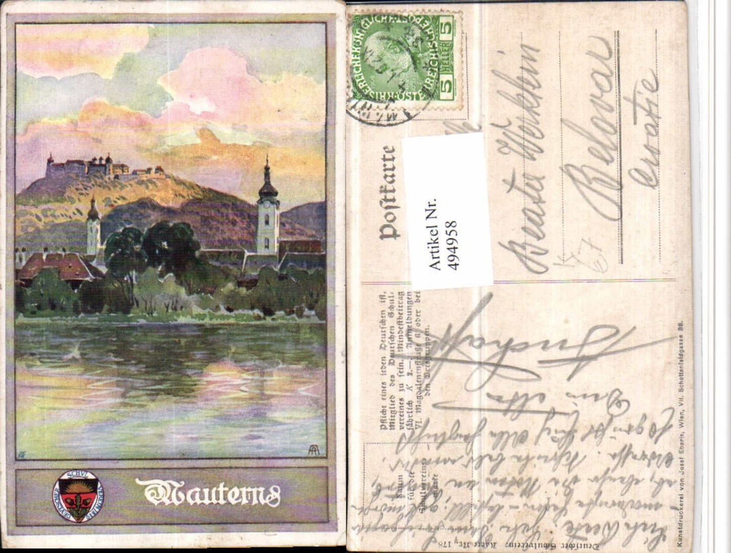 4947958,Künstler AK A. Reckziegel Mautern Teilansicht pub Dt. Schulverein 178