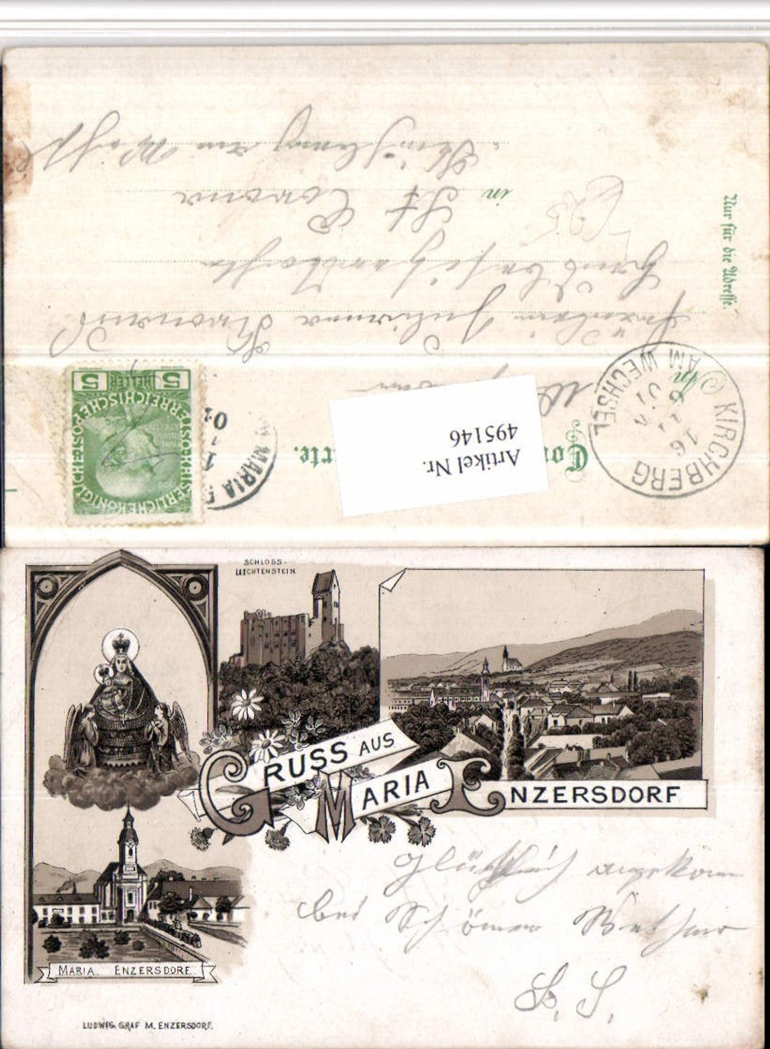 495146,Litho Gruß aus Maria Enzersdorf Totale Kirche Burg Mehrbildkarte