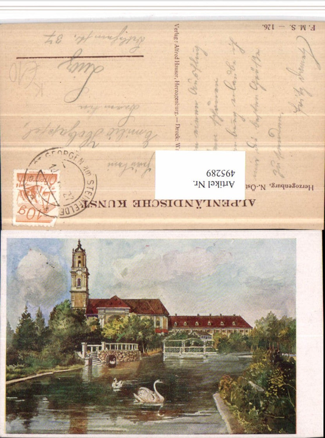 495289,Künstler AK Herzogenburg Kirche Teich Schwäne
