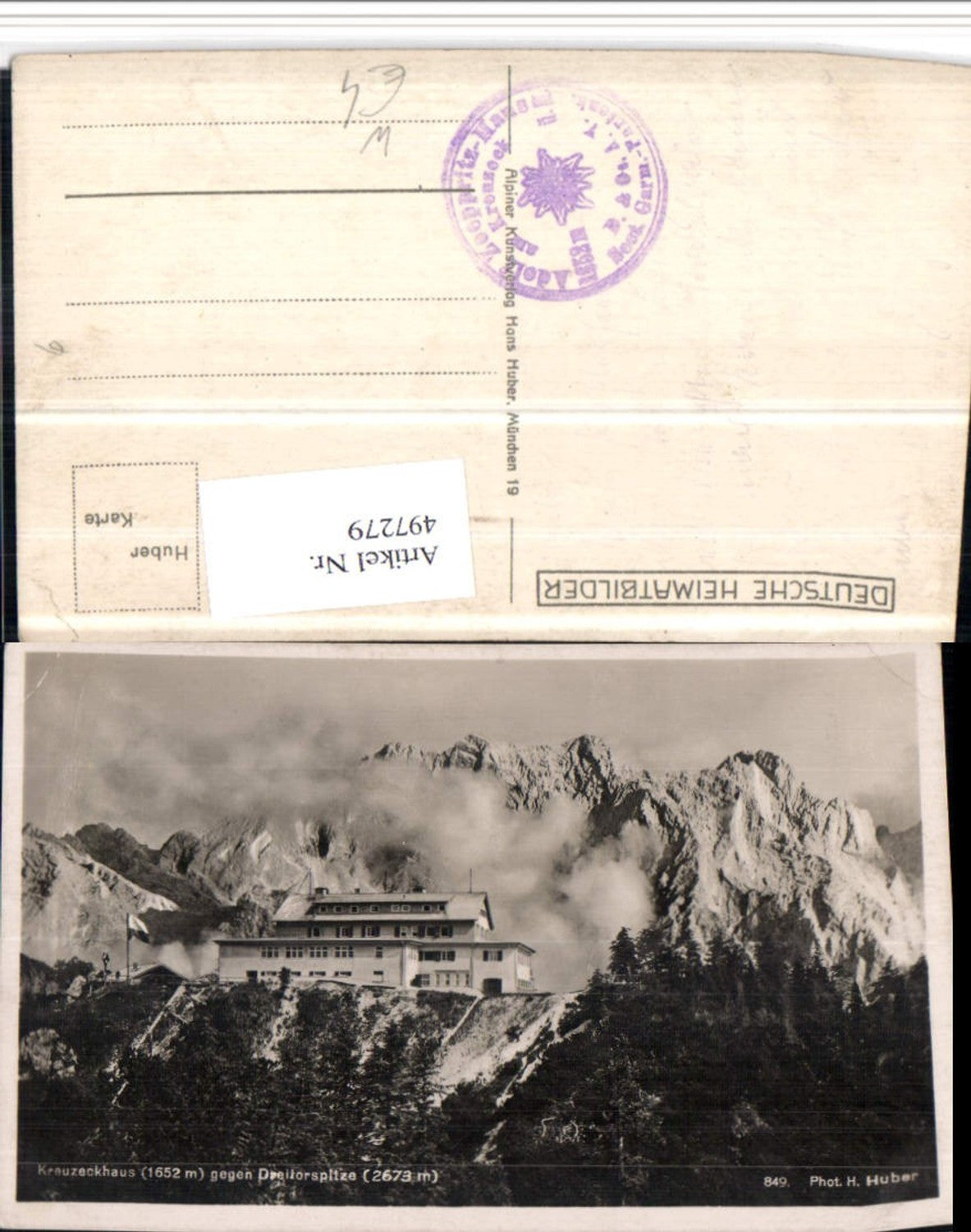 497279,Kreuzeckhaus b. Garmisch geg. Dreitorspitze Bergkulisse pub Huber 849