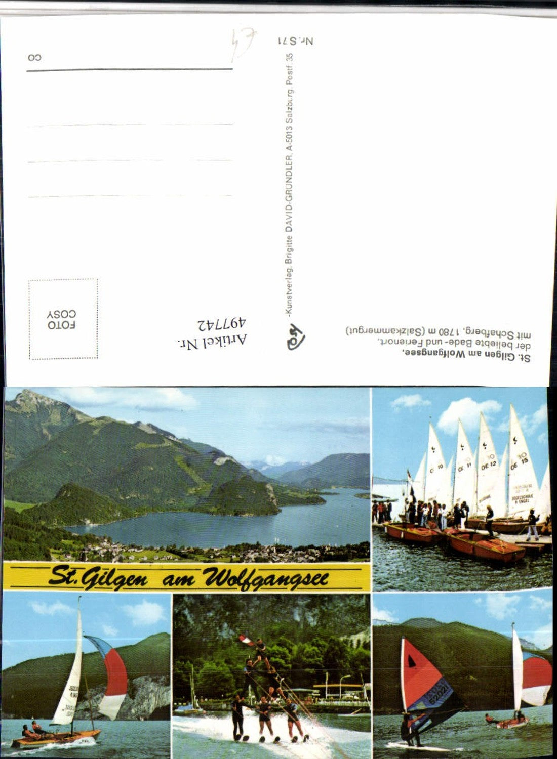 497742, St. Gilgen on Lake Wolfgang, water skiing, sailing, multi-view postcard, pub, Cosy
