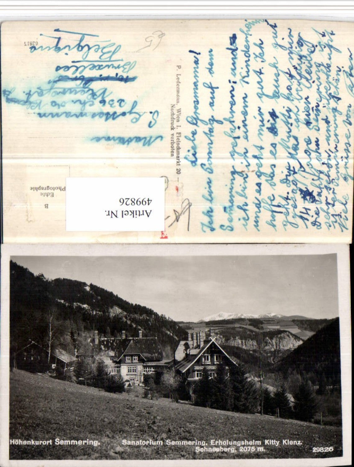 499826,Semmering Sanatorium Erholungsheim Kitty Klenz geg. Schneeberg
