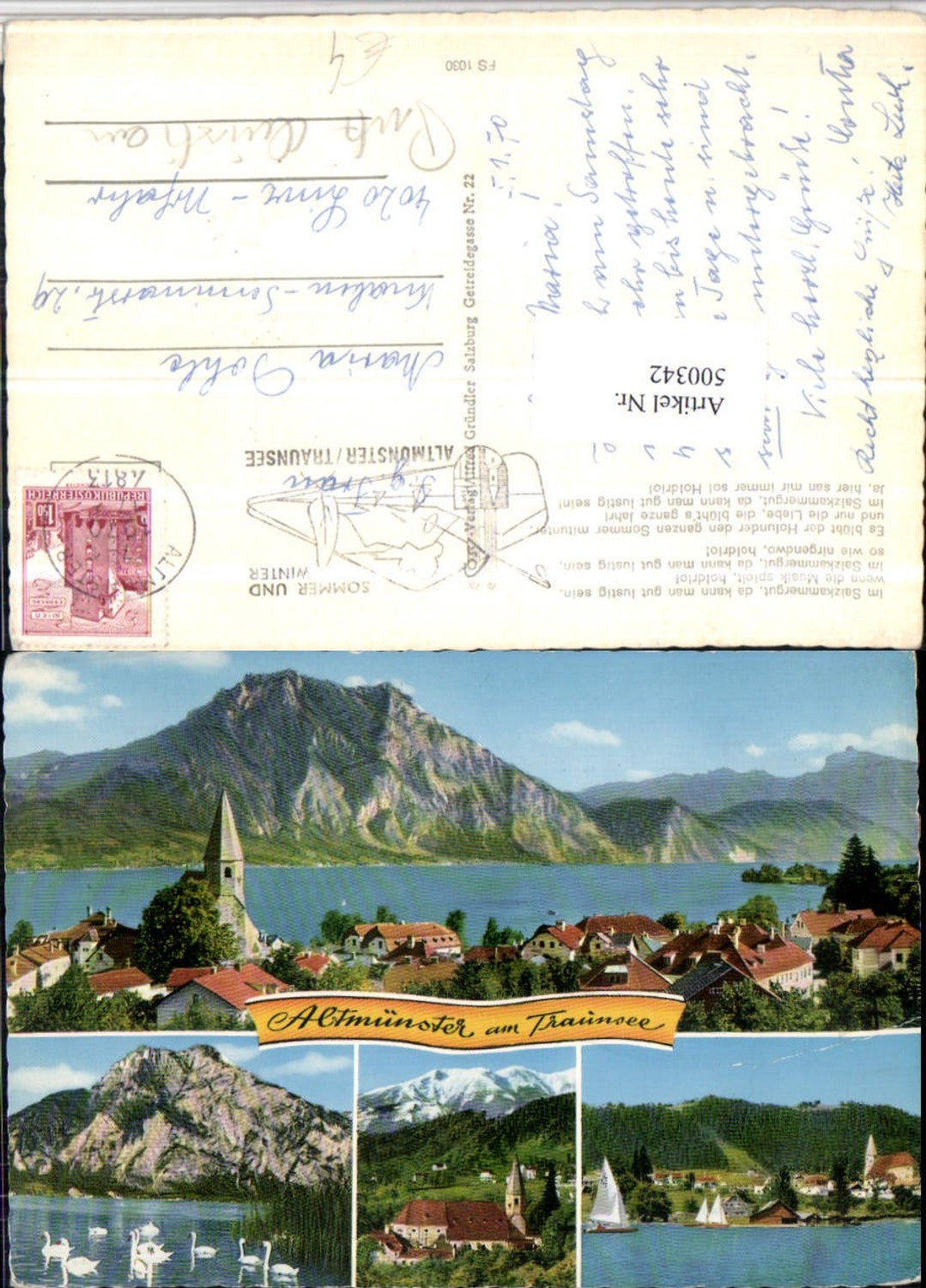 500342,Altmünster am Traunsee Totale Kirche Schwäne Mehrbildkarte pub Cosy