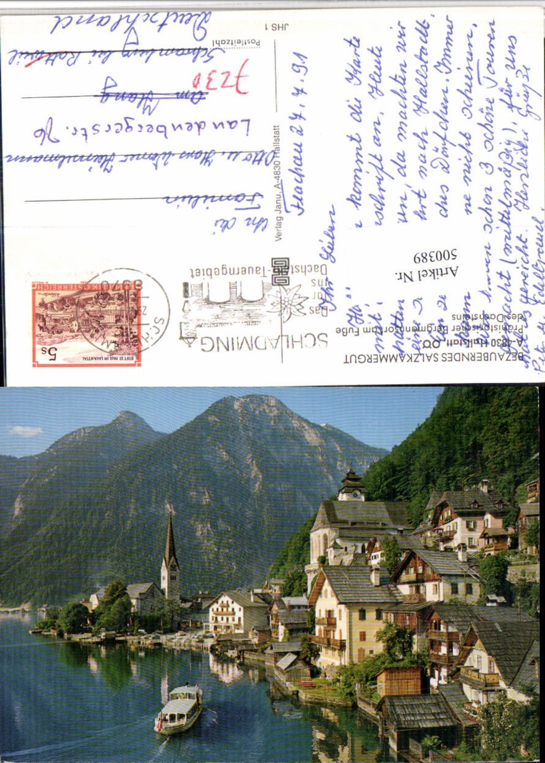 500389,Hallstatt am See Teilansicht Kirchen Bergkulisse