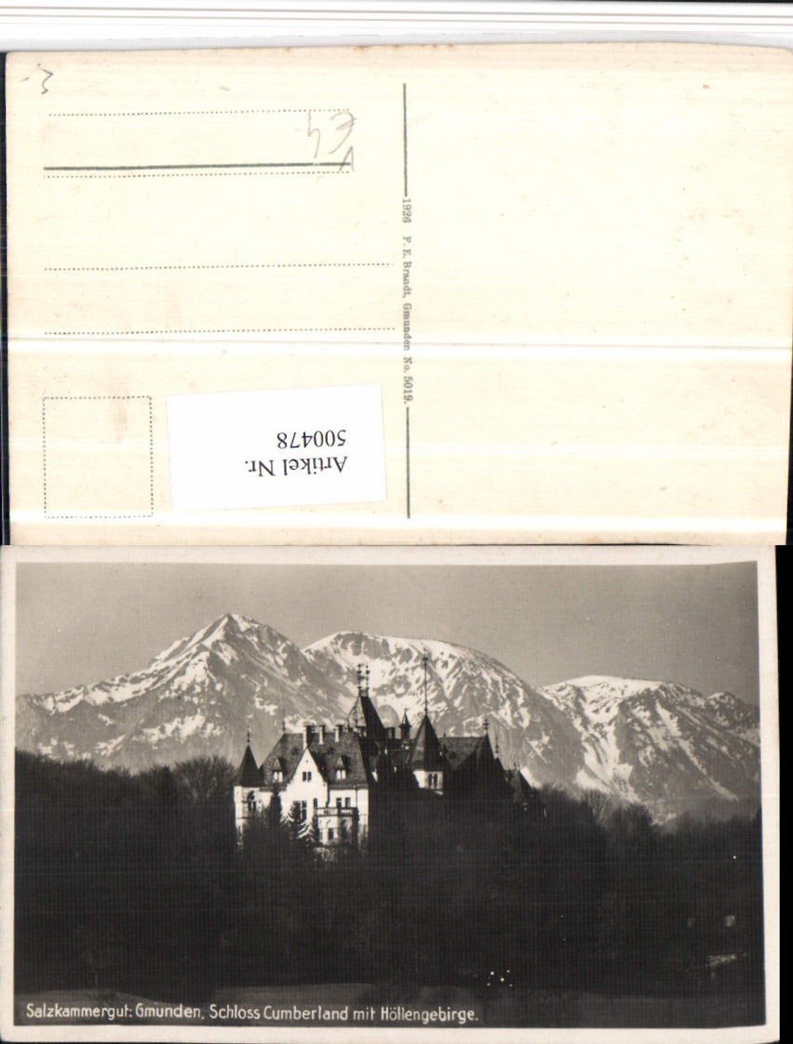 500478,Gmunden Schloss Cumberland Bergkulisse pub Brandt 5019