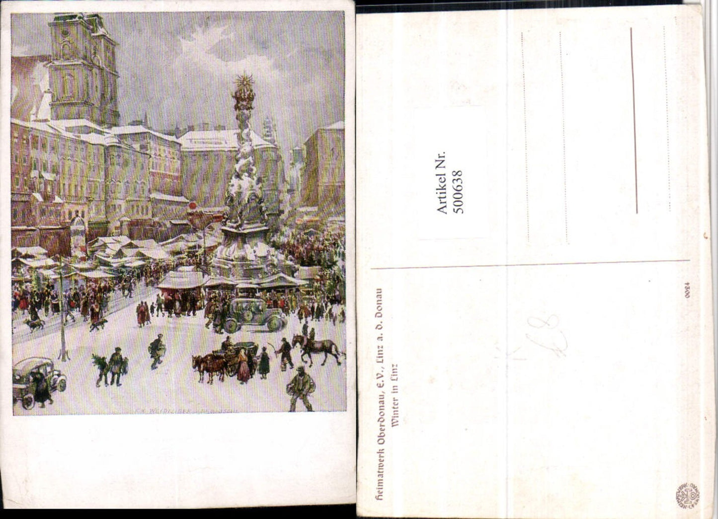 500638,Künstler AK F.X. Weidinger Linz an d. Donau Hauptplatz Pestsäule