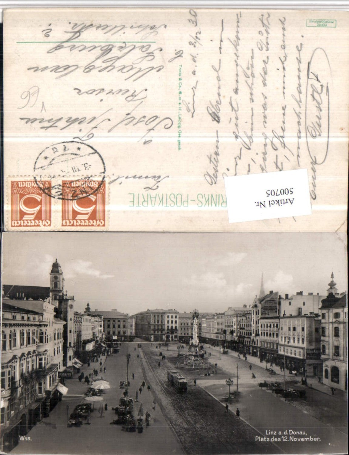 500705,Linz an d. Donau Platz Pestsäule Straßenbahn pub Trinks & Co