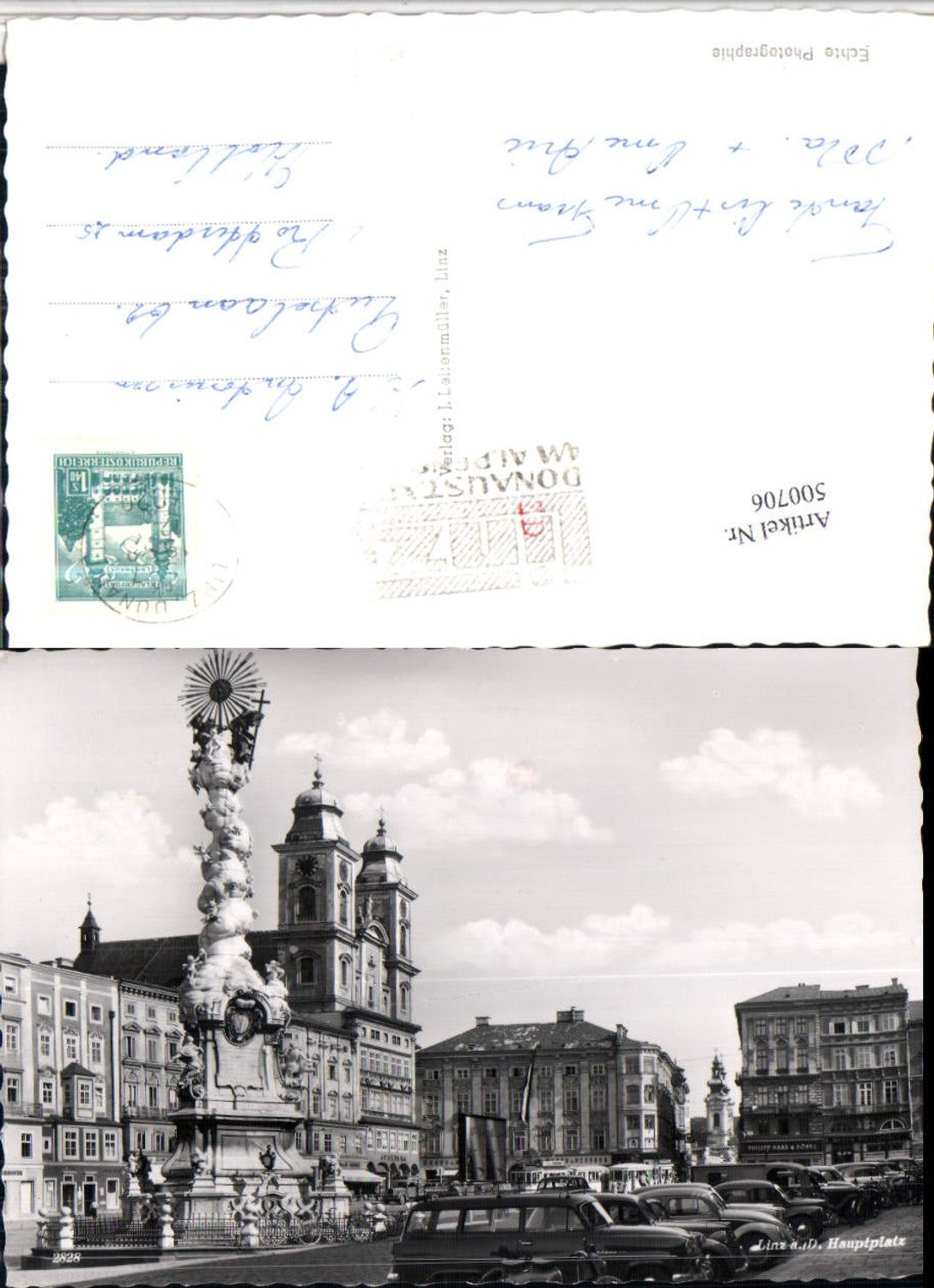 500706,Linz an d. Donau Hauptplatz Pestsäule Kirche VW-Käfer