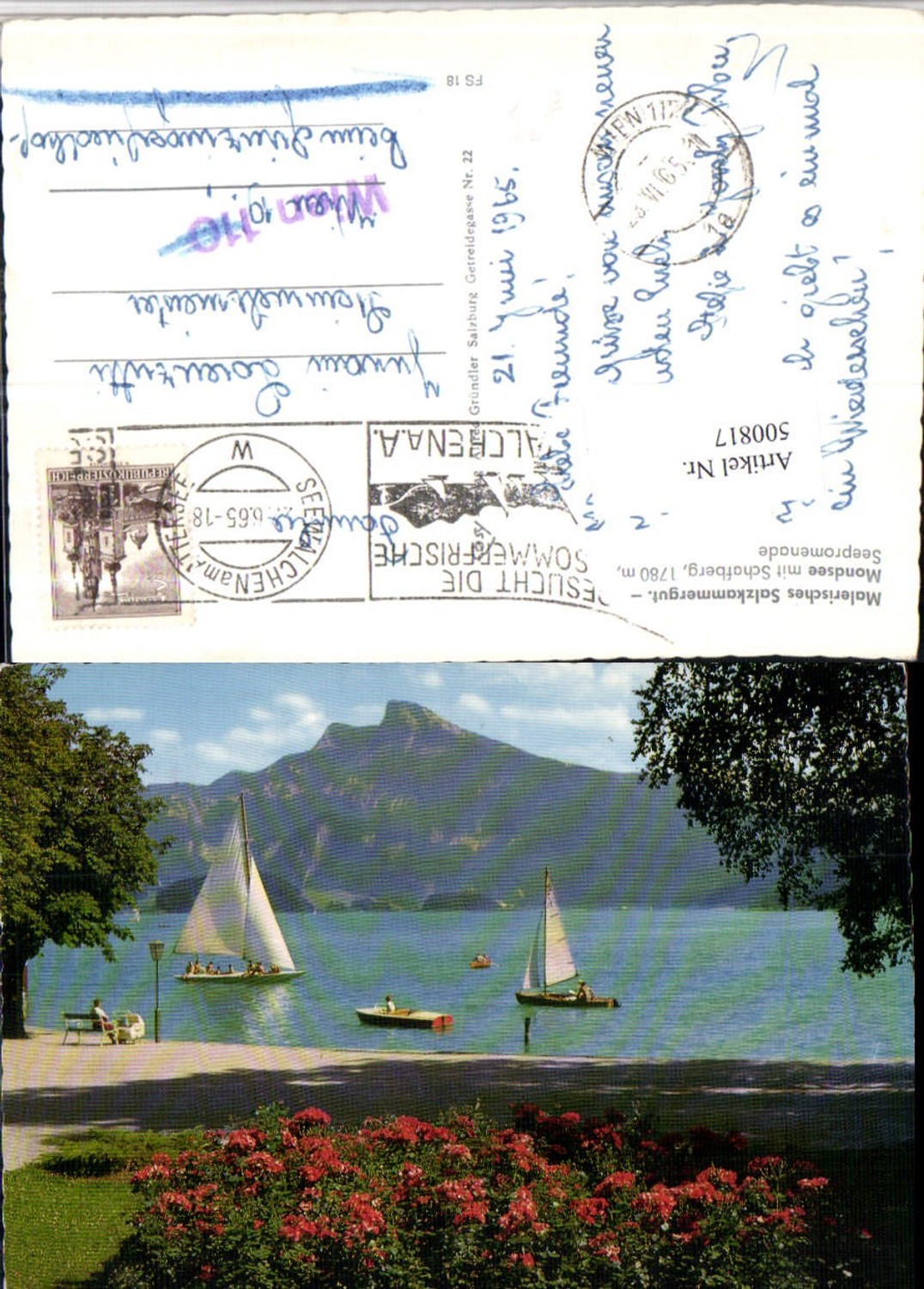500817,Mondsee Seepromenade m. Schafberg Segelboote Bergkulisse