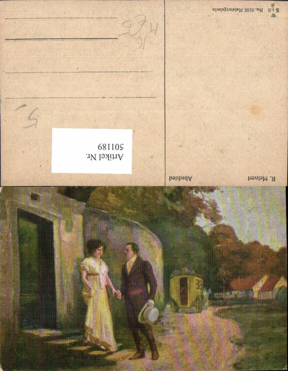 501189,Künstler Ak R. Meinert Abschied Paar Liebe Händchenhalten Kutsche