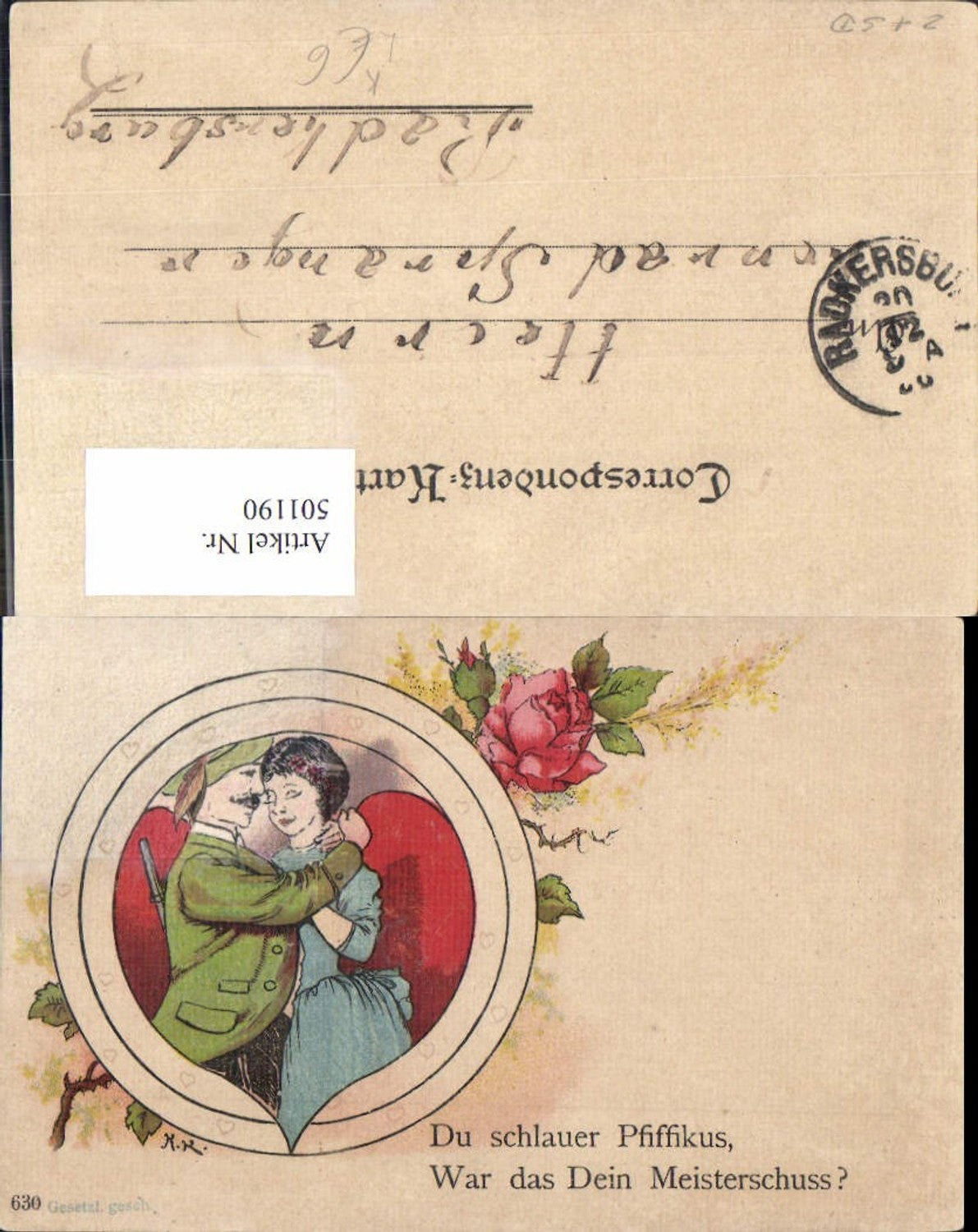 501190,Künstler Litho Paar Liebe Umarmung Jäger Jagd Spruch
