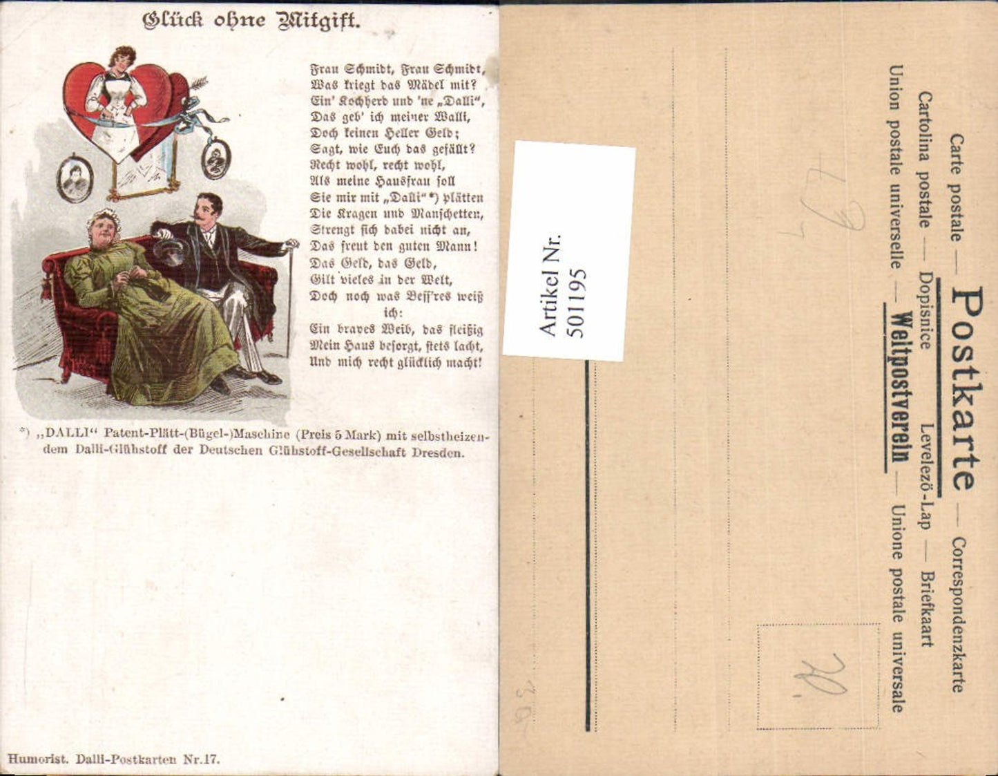 501195,Litho Paar Liebe Glück ohne Mitgift Spruch Text Humor