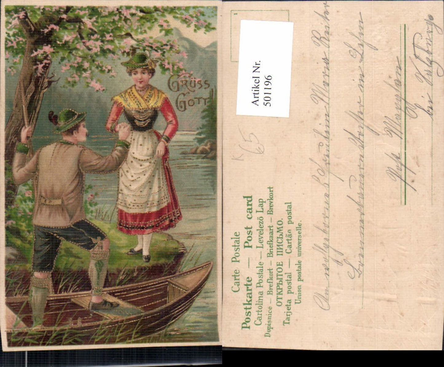 501196,Präge Künstler Ak Paar Liebe Mann reicht Frau Hand Ruderboot Boot