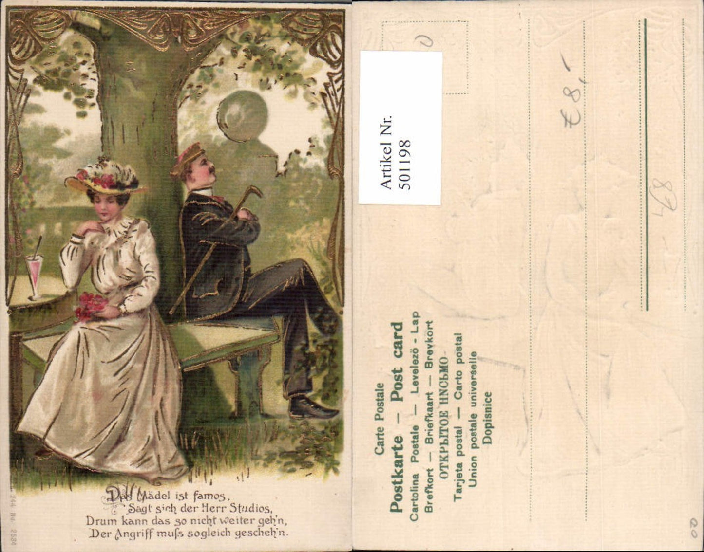 501198,Präge Litho Paar Liebe auf Bank Spruch Text Goldverzierung