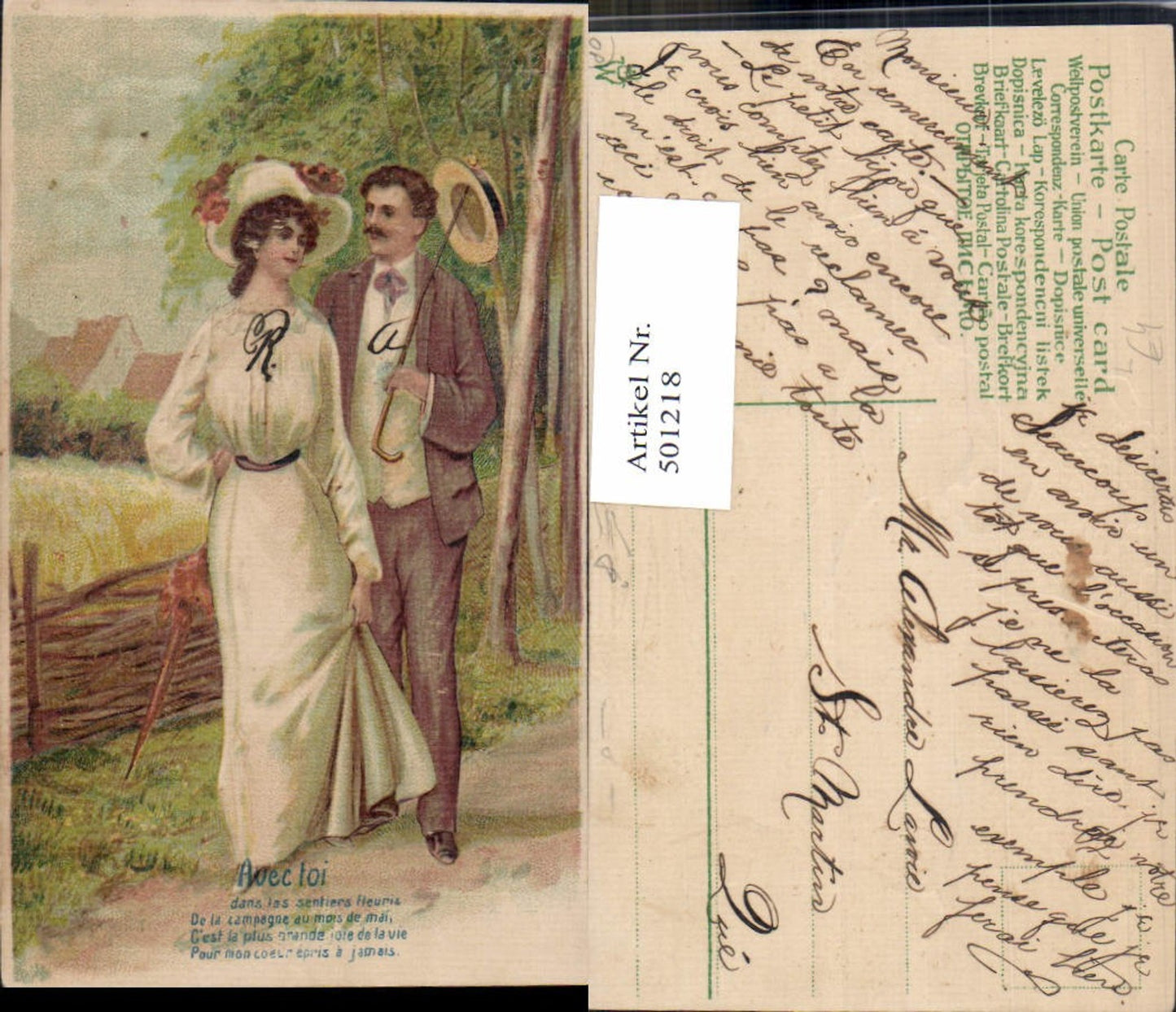 501218,Präge Litho Paar Liebe Spaziergang Avec toi Spruch Text