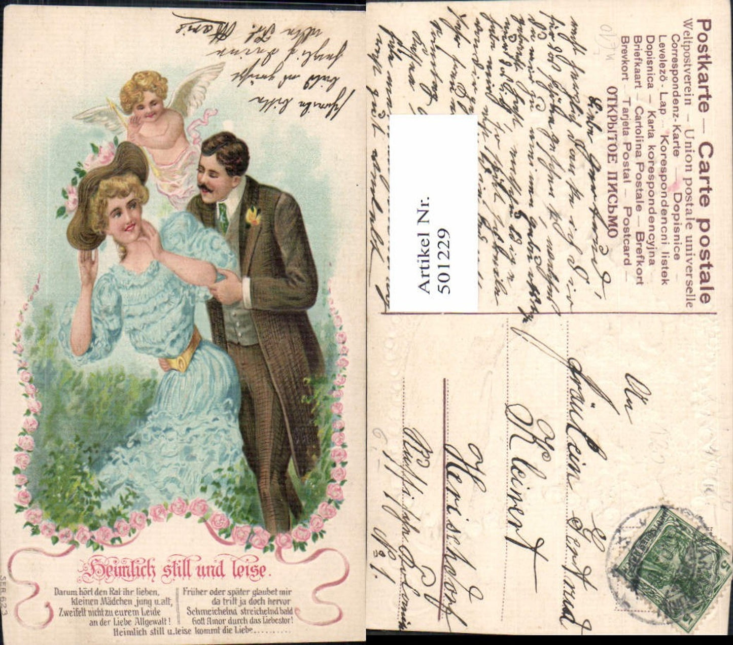 501229,Präge Litho Paar Liebe Amor Heimlich still u. leise