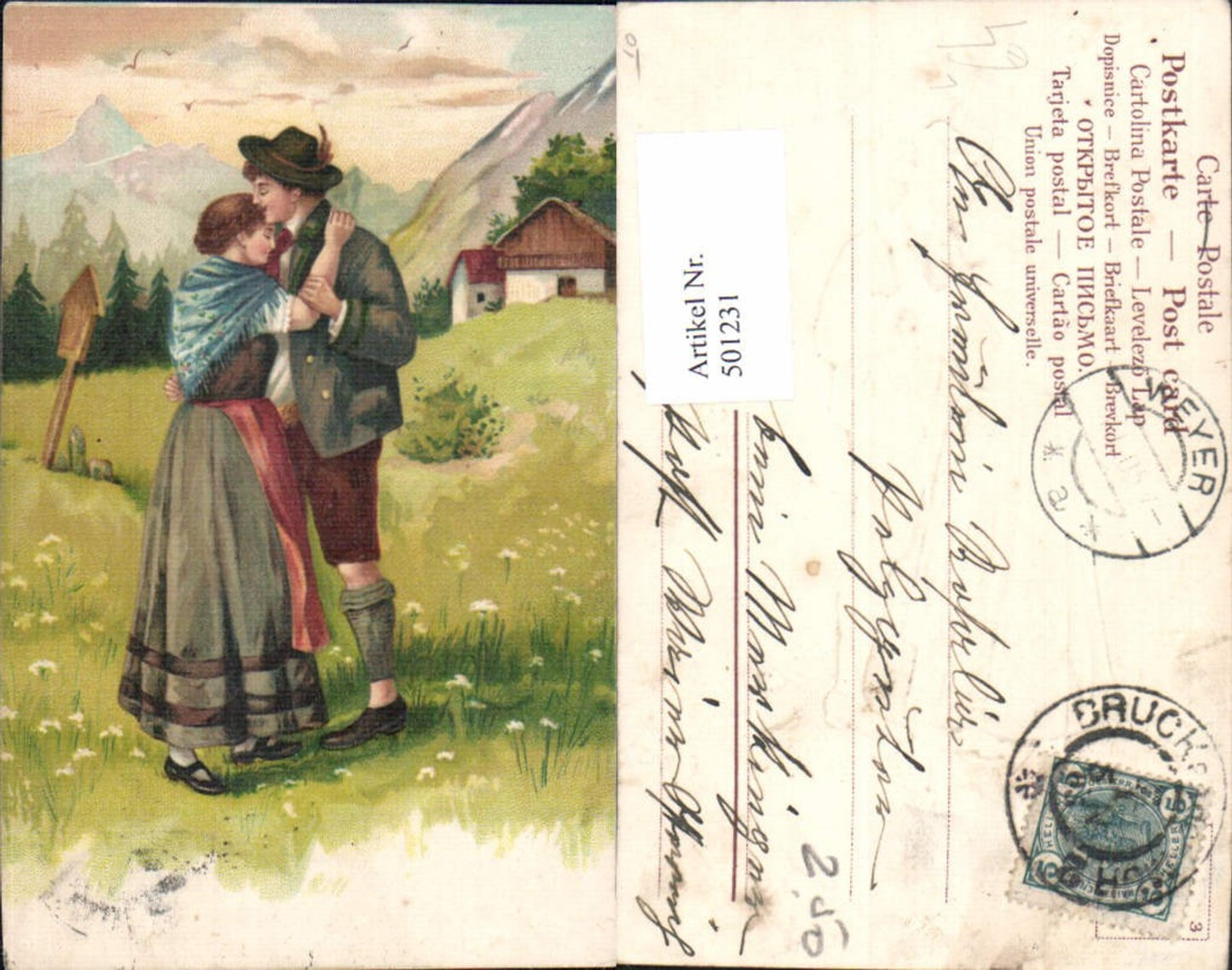 501231,Künstler Litho Paar Liebe Tracht Umarmung Marterl Bergkulisse