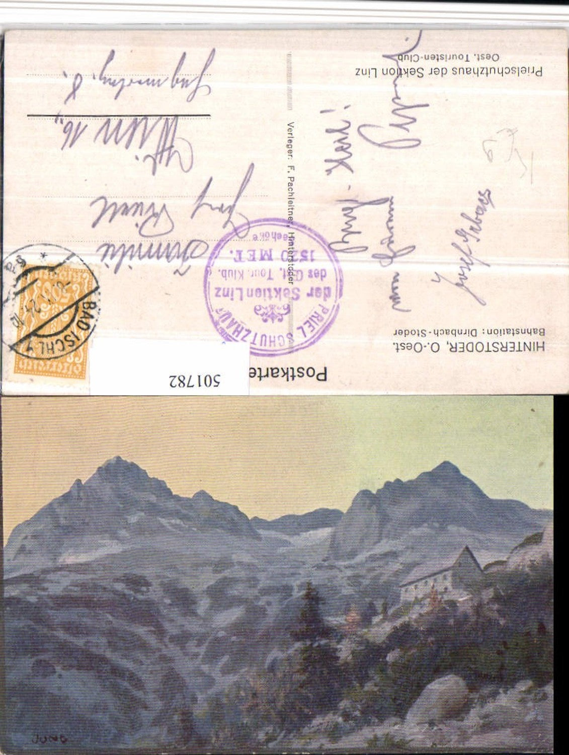 501782,Künstler AK Jung Hinterstoder Prielschutzhaus Bergkulisse