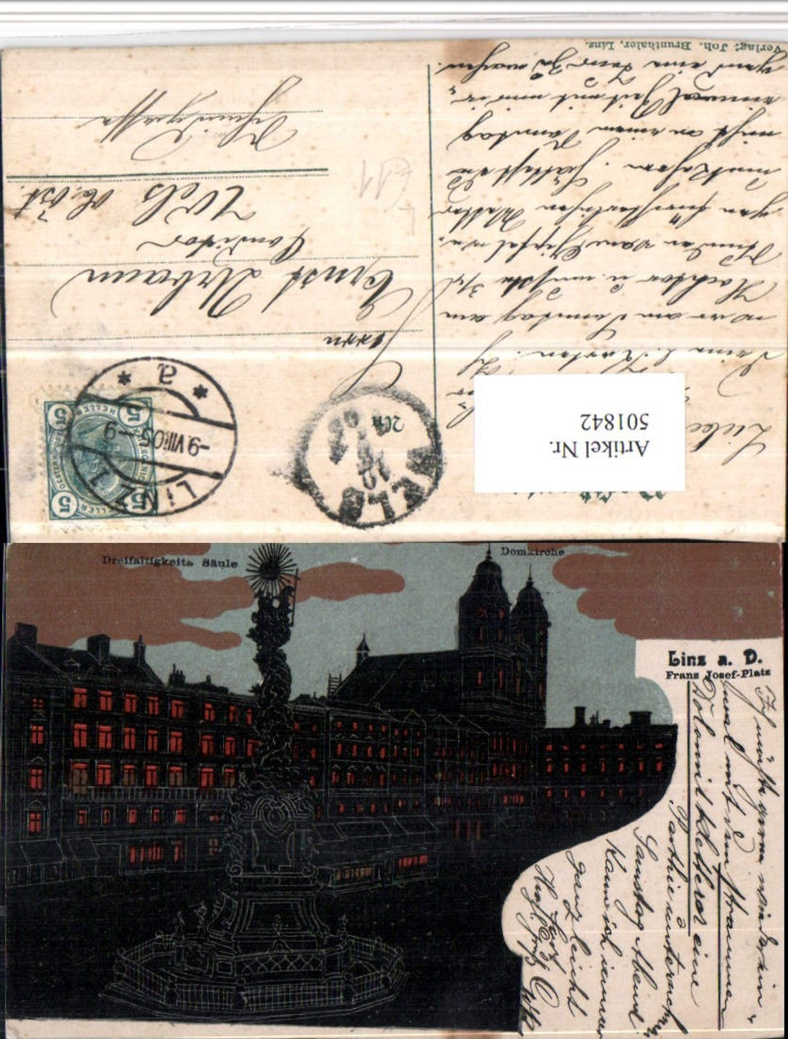 501842,Litho Linz an d. Donau Franz-Josef-Platz Pestsäule Kirche