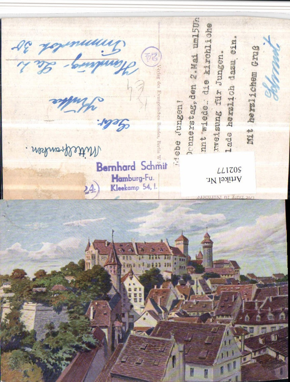502177,Künstler AK Nürnberg Teilansicht m. Burg