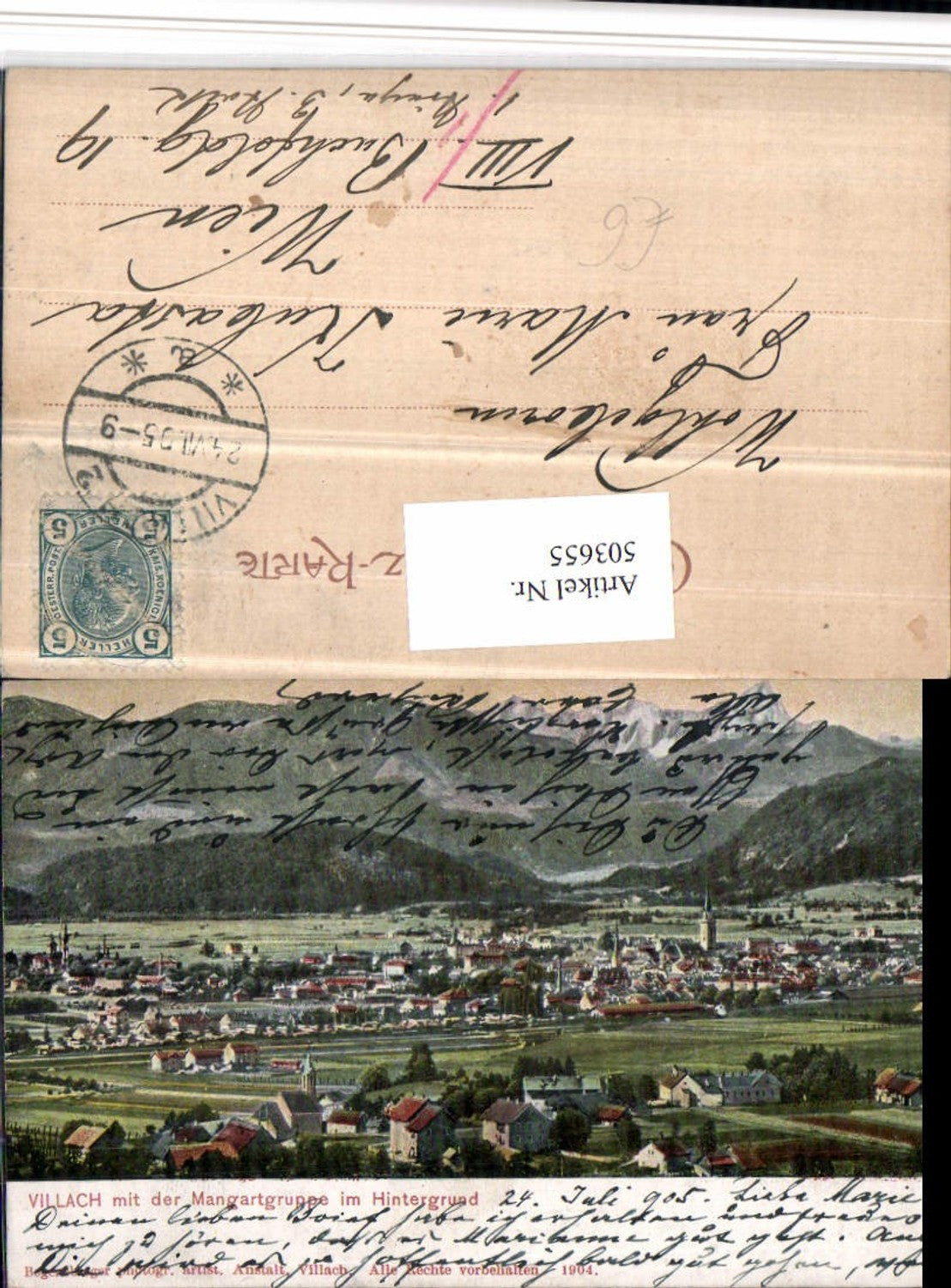 503655,Villach Totale m. Mangartgruppe Bergkulisse