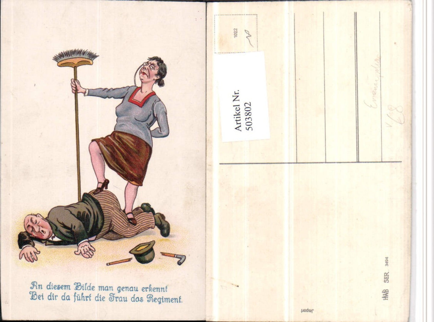 503802,Künstler AK Emanzipation Frau steht auf Mann Besen Spruch pub HWB 3494